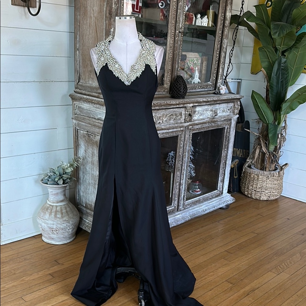 Tarik Ediz Black Evening Gown with Pearl Embellished Neckline